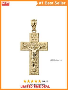 Solid 14k Yellow Gold Catholic Cross Crucifix Lord's Prayer Pendant
